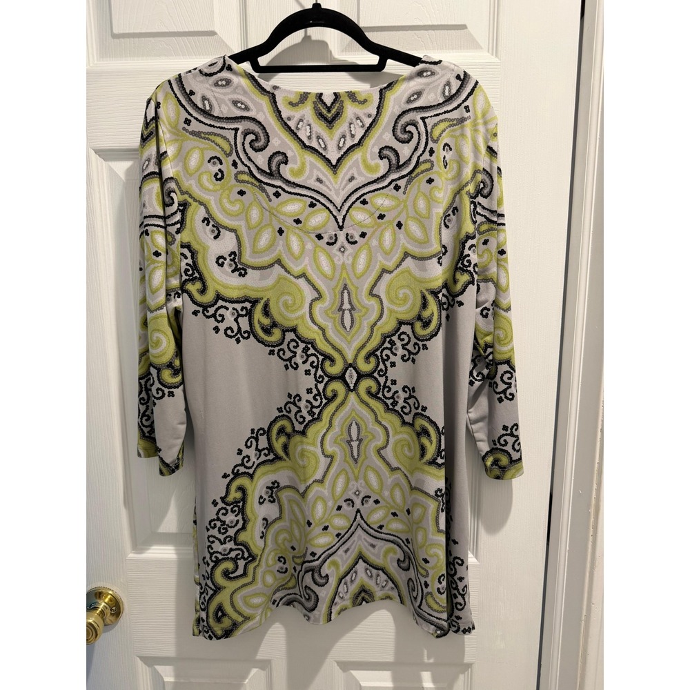 JM Collection Womens XL Paisley Medallion Sequin Tunic Top Lime Grey 3/4 Sleeve